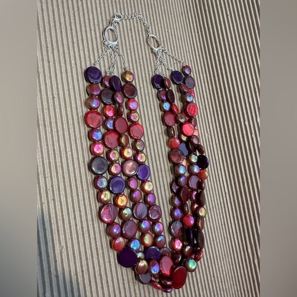 Multi-Color Iridescent Beaded Statement Necklace Red Purple Pink Burgundy - Picture 6 of 7